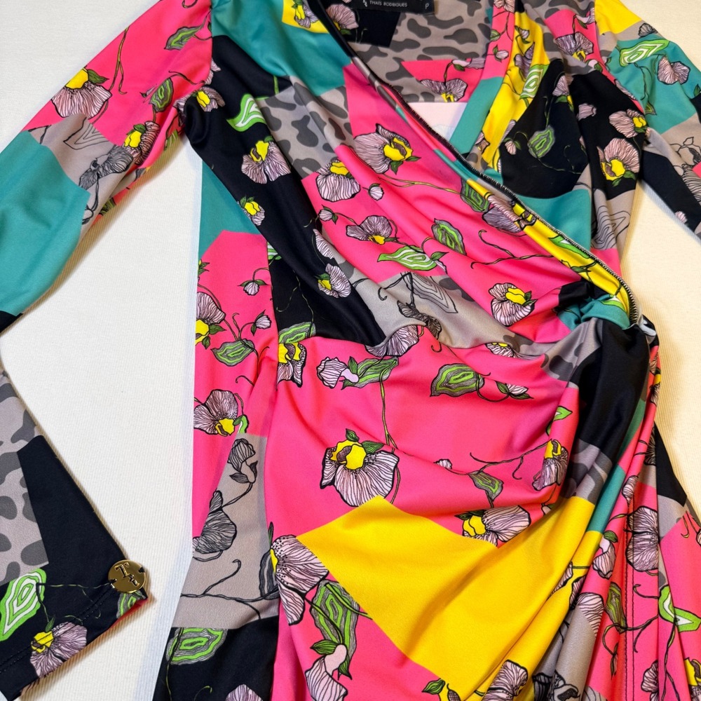 Thais Rodrigues Faux Wrap Dress P‎ Multicolor Floral Leopard Geometric Ruched - Picture 15 of 16